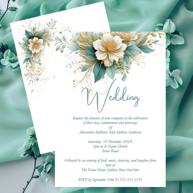 Elegant Wedding Blue Green White Flowers Invitation (Creator Uploaded)