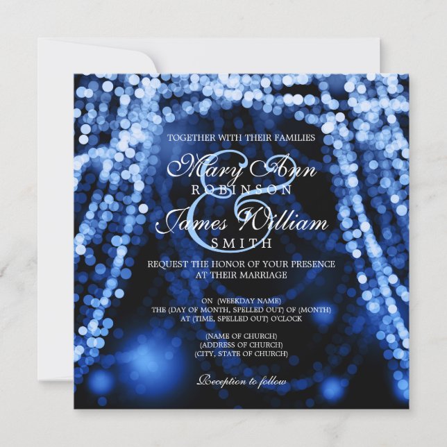 Elegant Wedding Blue String Lights Invitation (Front)