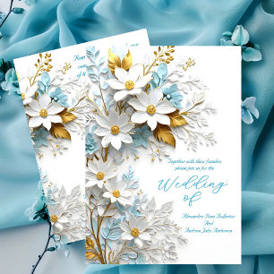 Elegant Wedding Blue White Lace Gold Flowers Invitation