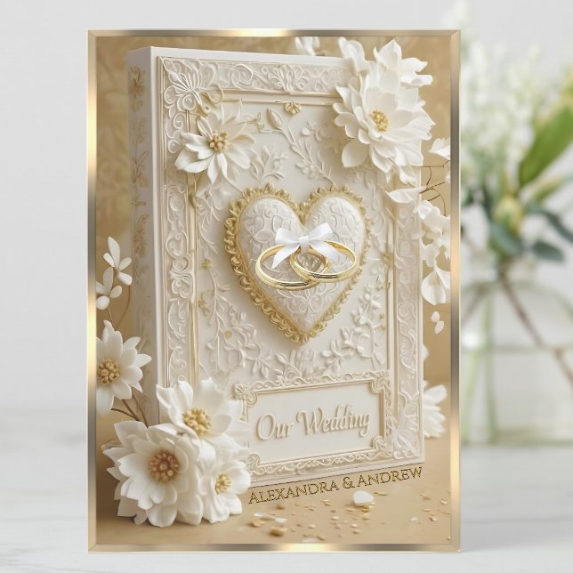 Elegant Wedding Book Gold Heart Lace White Flowers Invitation (Creator Uploaded)