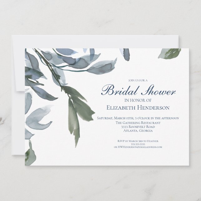 Elegant Wedding Bridal Shower Blue Floral Invitation (Front)