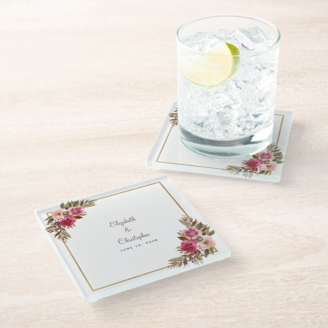 Elegant Wedding Bride and Groom Chic Floral Cassis Glass Coaster (Angled)
