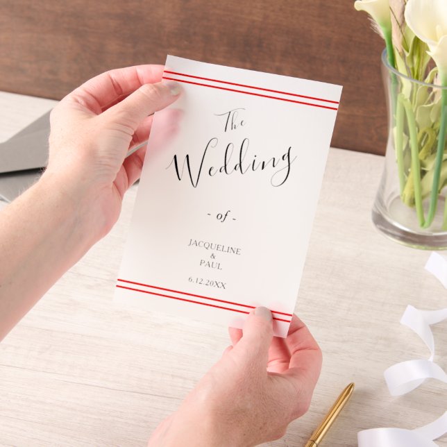 Elegant Wedding Bride and Groom Red Stripes Vellum Invitations (Handheld)