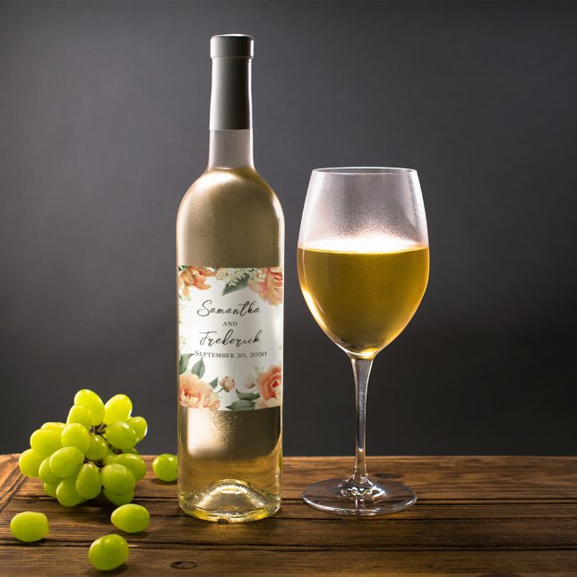 Elegant Wedding Bride and Groom  Wine Label (Peach floral wedding wine bottle label)