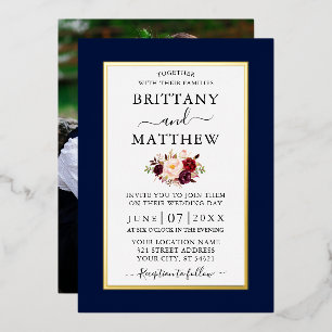 Elegant Wedding Burgundy Floral Blue Photo Gold