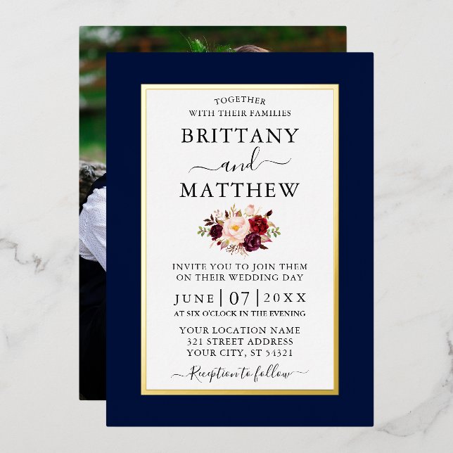 Elegant Wedding Burgundy Floral Blue Photo Gold (Front/Back)