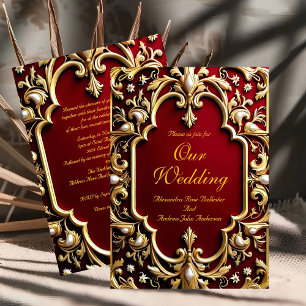 Elegant Wedding Burgundy Gold Ornate Red Pearls Invitation