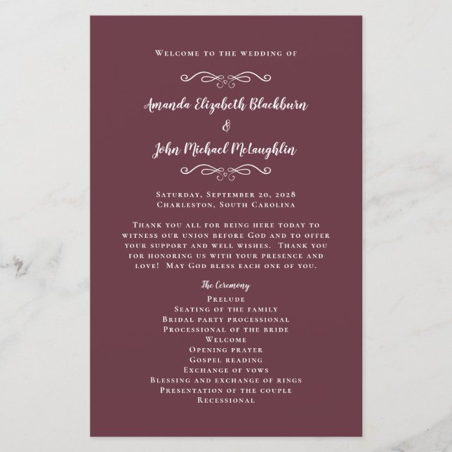 Elegant Wedding Burgundy Modern Ceremony Program  (Front)