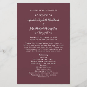 Elegant Wedding Burgundy Modern Ceremony Program 