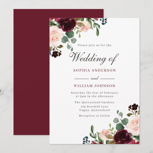 Elegant Wedding: Burgundy Red Wine Flowers Invitation (Front/Back)