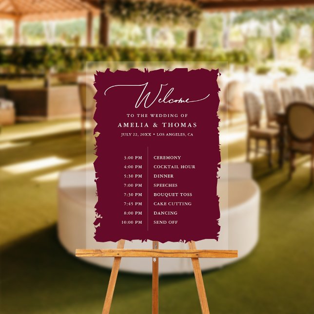 Elegant Wedding Burgundy Welcome and Timeline Acrylic Sign (Welcome your guests with our elegant acrylic sign that greets them and displays your event timeline.)