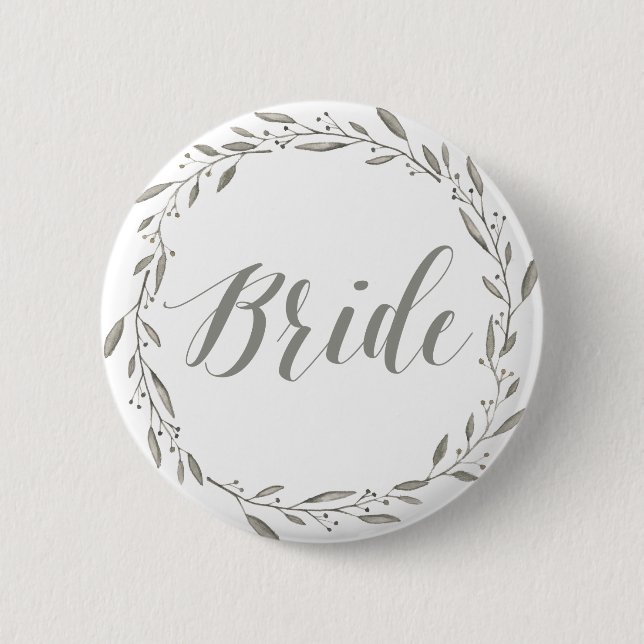 Elegant Wedding Buttons Grey Floral Wreath Bride (Front)