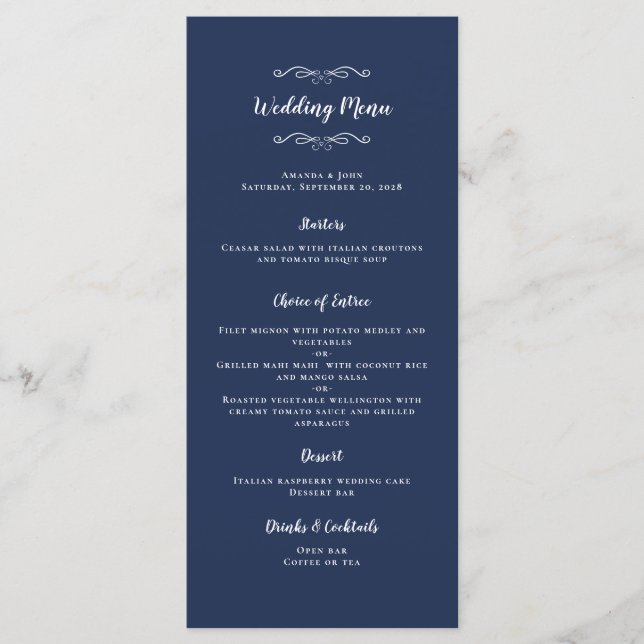 Elegant Wedding Calligraphy Chic Navy Blue Dinner Menu (Front)