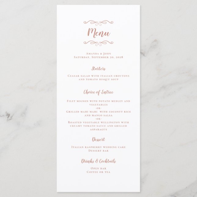 Elegant Wedding Calligraphy Rose Gold Dinner Party Menu (Front)