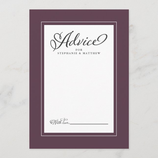 Elegant Wedding Cassis Purple Newlywed Wishes Chic Advice Card (Front)