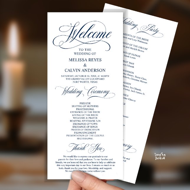 Elegant Wedding Ceremony Order, Classy Navy Blue Programme (Elegant Wedding Ceremony Order, Party, Memorial, Classy Program Card in Navy Blue)
