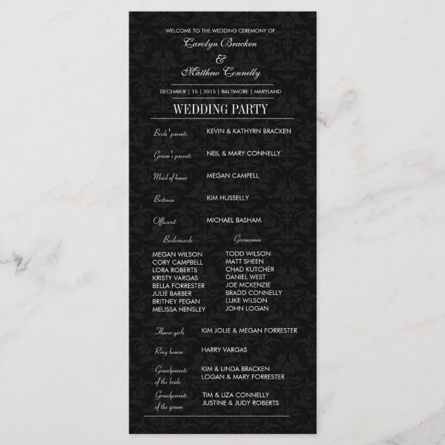 Elegant Wedding Ceremony Program Black Damask Card (Front)