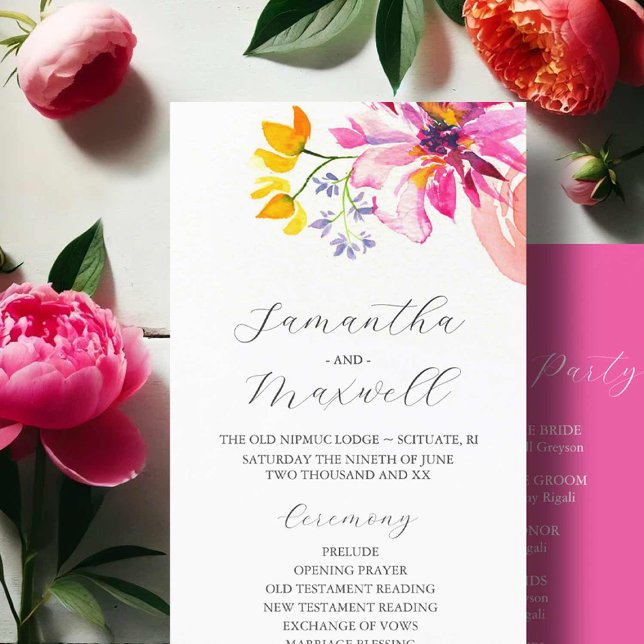 Elegant Wedding Ceremony Programs Fuchsia Flowers Programme (bold wedding flowers fuchsia pink watercolor art by Victoria Grigaliunas Do Tell A Belle)