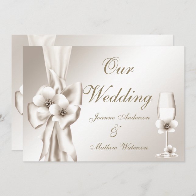 Elegant Wedding Champagne Floral Cream Bow Invitation (Front/Back)
