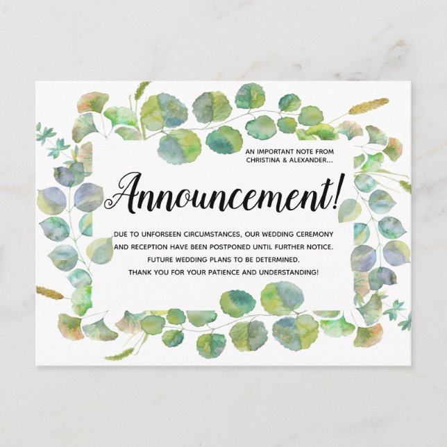 Elegant Wedding Change of Plan Postponed Canceled Postcard (Front)