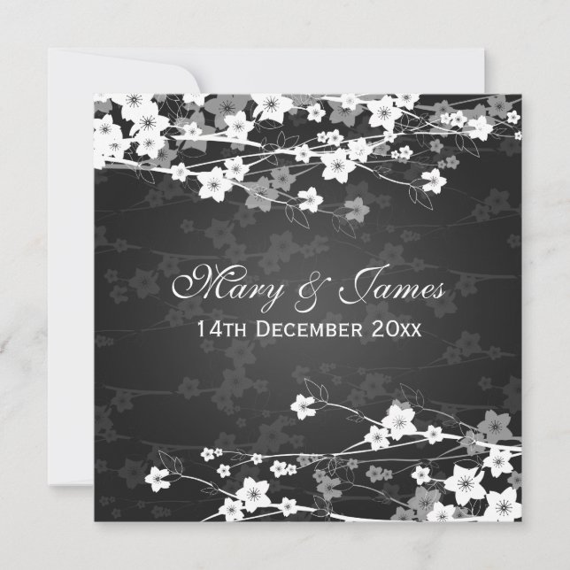 Elegant Wedding Cherry Blossom Black Invitation (Front)
