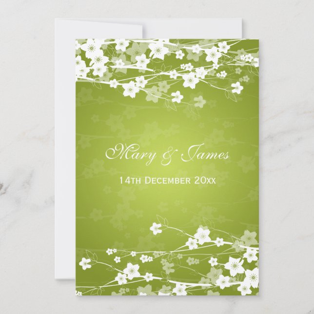 Elegant Wedding Cherry Blossom Lime Green Invitation (Front)