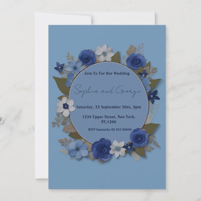 Elegant Wedding Circle Flowers Silver Navy Invitation (Front)