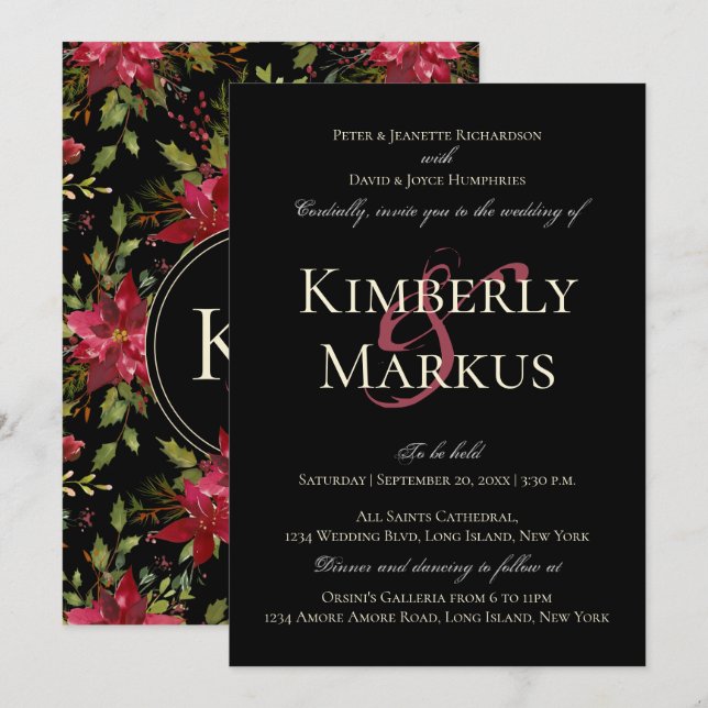 Elegant Wedding Claret Red Poinsettia Monogram Invitation (Front/Back)