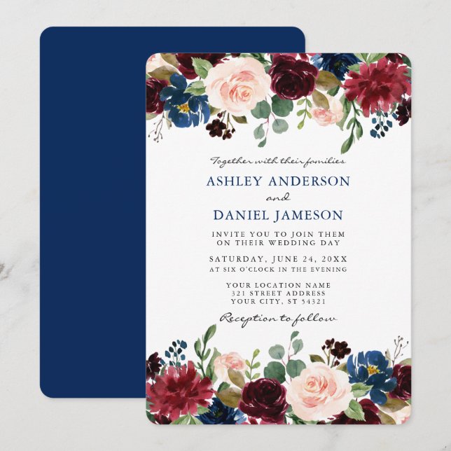 Elegant Wedding Classic Blue Watercolor Floral Invitation (Front/Back)