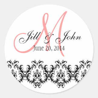 Elegant Wedding Coral Monogram Save the Date Classic Round Sticker