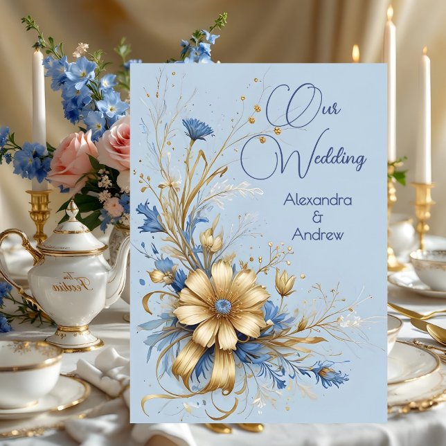 Elegant Wedding Cornflower Blue Gold Flowers Invitation (Creator Uploaded)