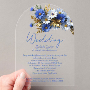 Elegant Wedding Cornflower Blue White Gold Acrylic Invitations