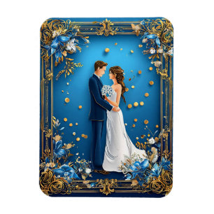 Elegant Wedding Couple Embracing with Floral Frame Magnet