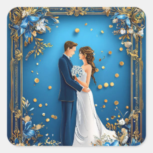 Elegant Wedding Couple Embracing with Floral Frame Square Sticker