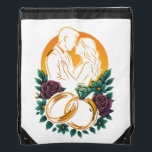 Elegant Wedding Couple Floral Ring Tote Bag<br><div class="desc">Celebrate love in style with this stunning, high-resolution wedding-themed Drawstring bag featuring a romantic couple silhouette framed by vibrant floral blooms, golden rings, and a radiant gemstone. Designed in a bold, semi-realistic vector style, this eye-catching artwork pops on both light and dark fabrics — perfect for bridal showers, anniversaries, or...</div>