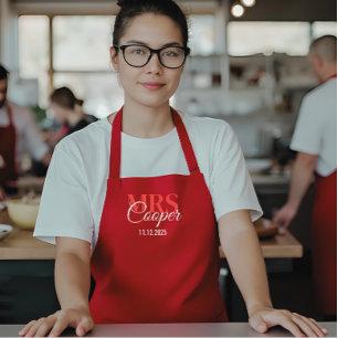 Elegant Wedding Couple Name Red Ivory Colour Apron