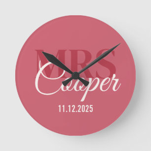 Elegant Wedding Couple Name Red Ivory Colour Round Clock