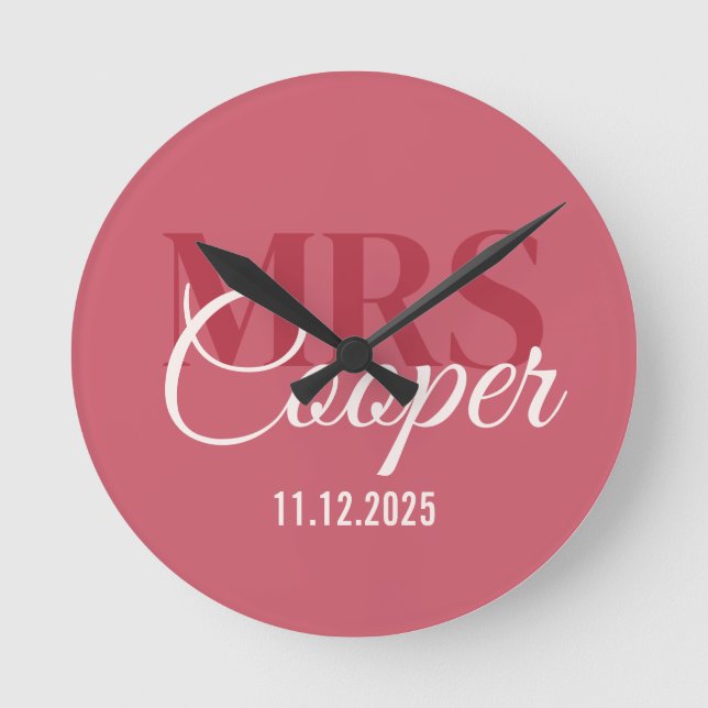 Elegant Wedding Couple Name Red Ivory Colour  Round Clock (Front)