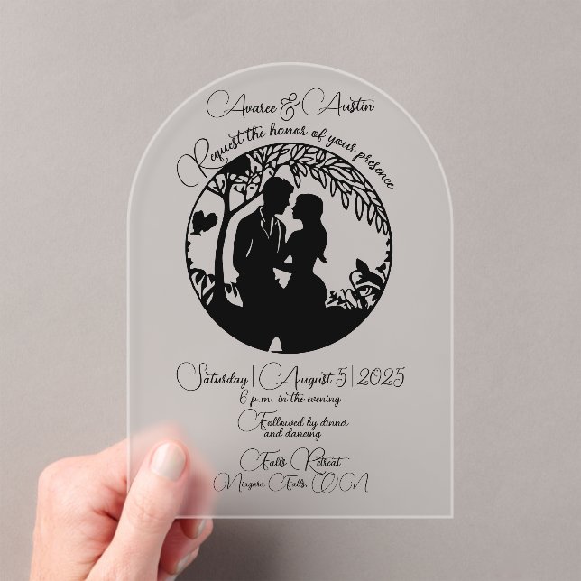 Elegant Wedding Couple Silhouette Framed Black Acrylic Invitations (Insitu (Handheld))