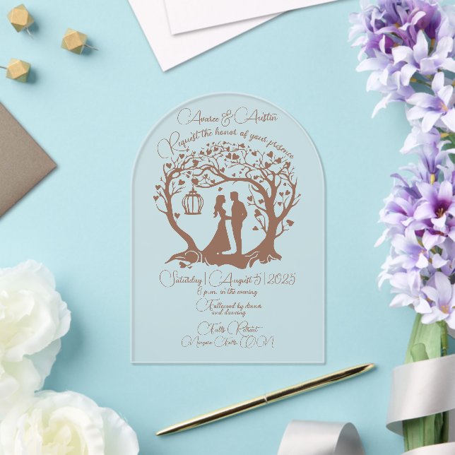 Elegant Wedding Couple Tree Framed Brown Acrylic Invitations (Insitu (Wedding))