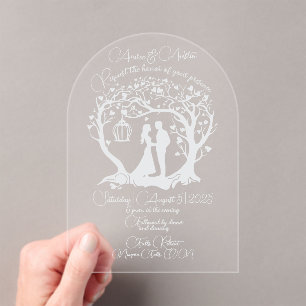 Elegant Wedding Couple Tree Framed White Acrylic Invitations