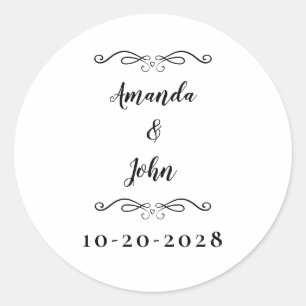 Elegant Wedding Couples Names Chic Black White Cla Classic Round Sticker