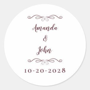 Elegant Wedding Couples Names Chic Burgundy Classic Round Sticker