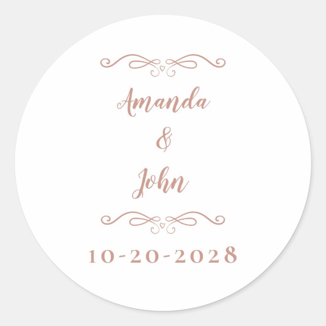 Elegant Wedding Couples Names Chic Rose Gold Pink Classic Round Sticker (Front)