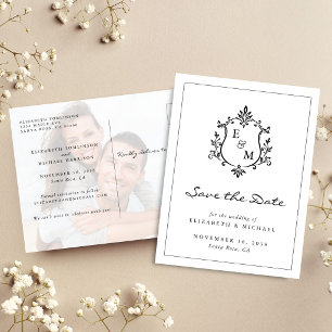 Elegant Wedding Crest Monogram Photo Save The Date Announcement Postcard