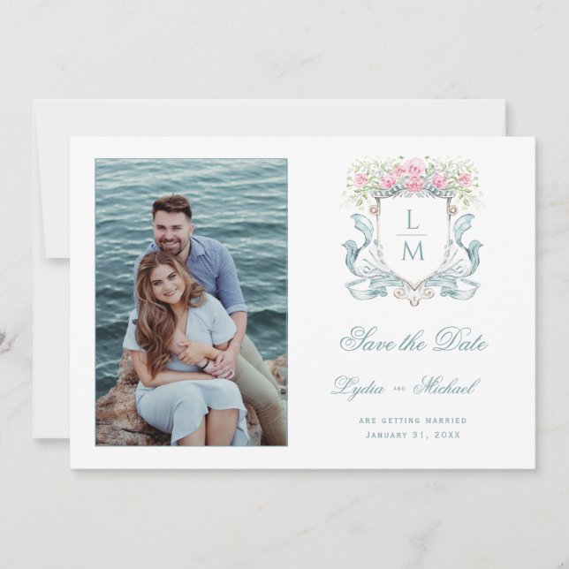 Elegant Wedding Crest w/ Roses | Monogram Save The Date (Front)