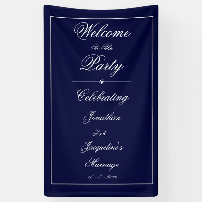 Elegant Wedding Custom Names Navy Blue Welcome Banner (Vertical)