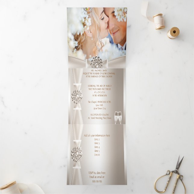 Elegant Wedding Damask Cream White Champagne 3 Tri-Fold Invitation (Inside)