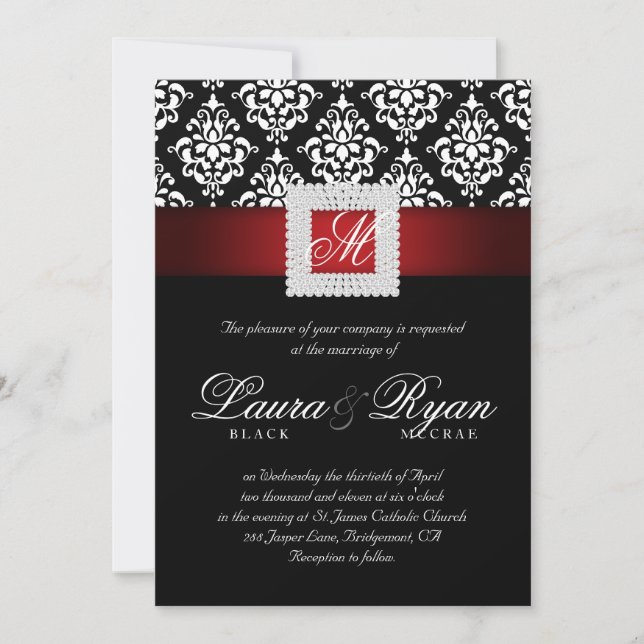 Elegant Wedding Damask Jewels Red Black White Invitation (Front)