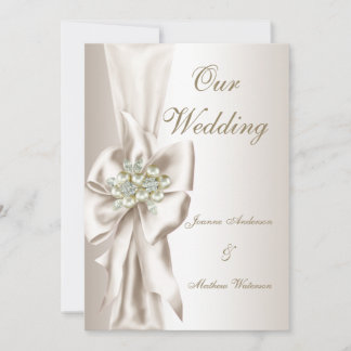 Elegant Wedding Damask Pearl Cream White Bow 2 Invitation